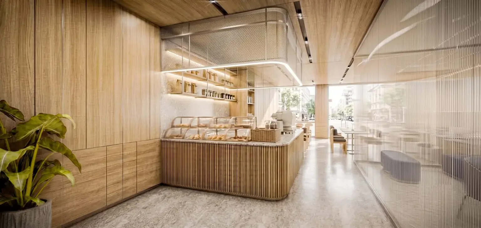 Arah Coffee Shop interior with fluted glass, timber and soft diffused light