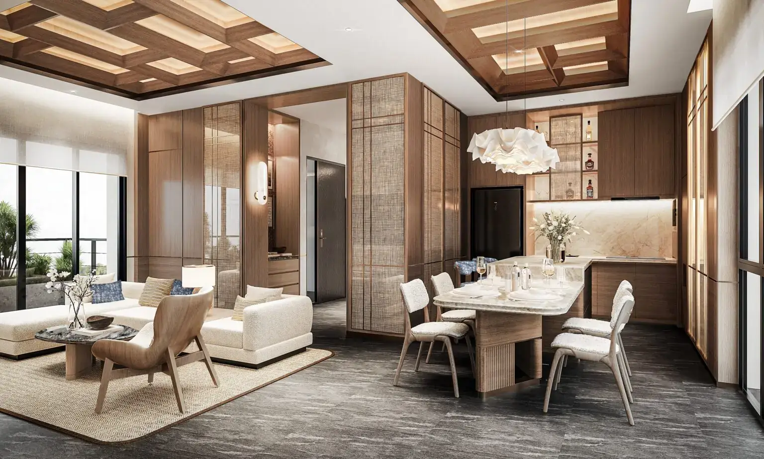 Open living and dining area framed by timber shelving and garden views