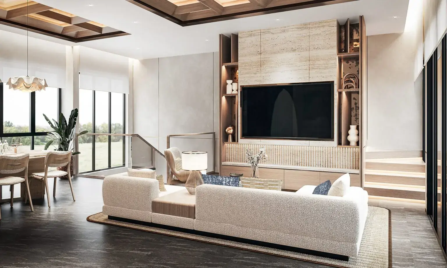 Living and dining area with warm timber joinery and layered natural light
