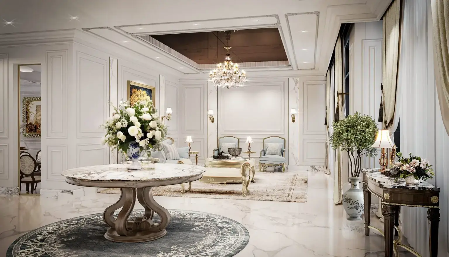 Main entrance with a sculptural console and marble floor