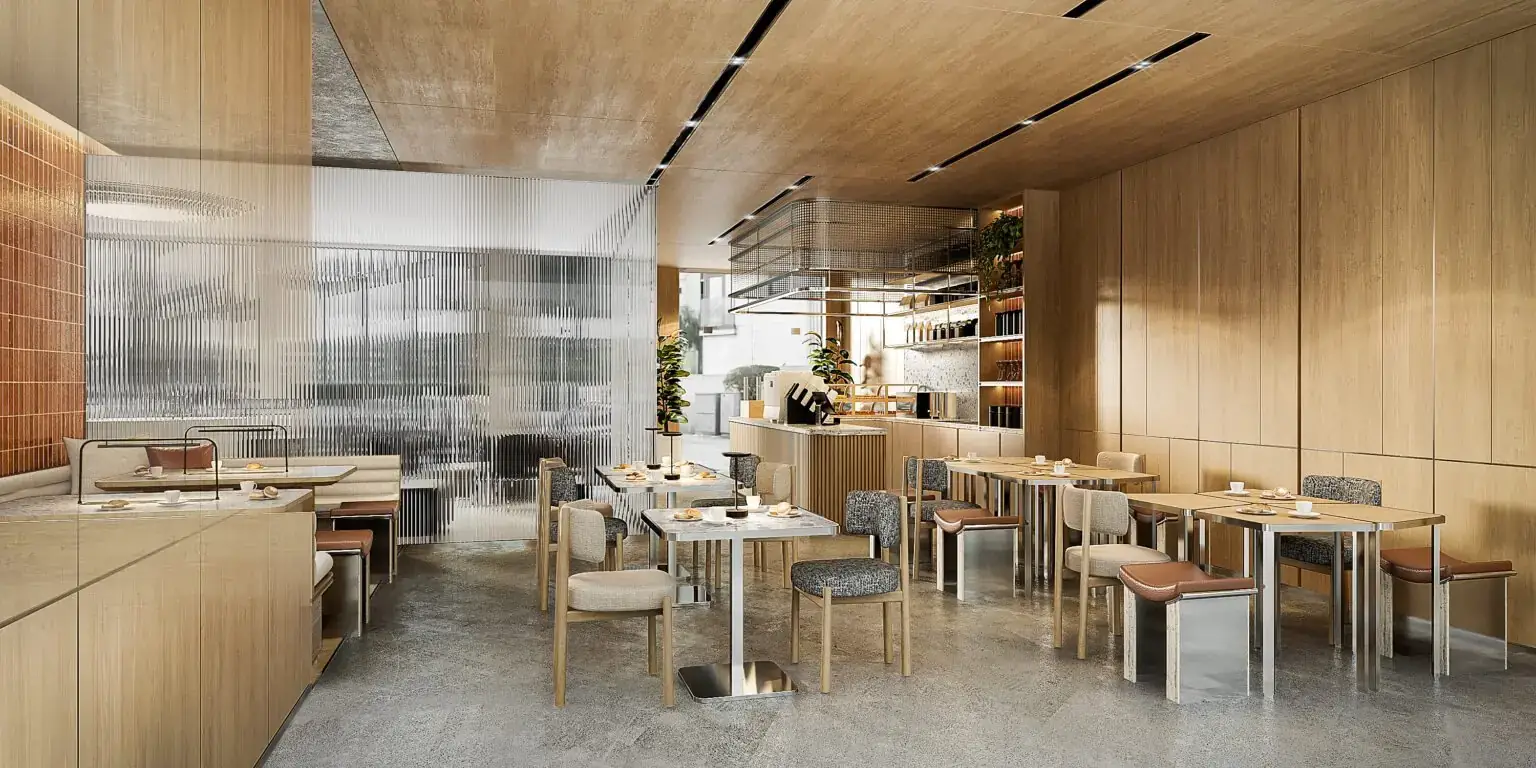 Interior perspective of a warm timber-lined living space
