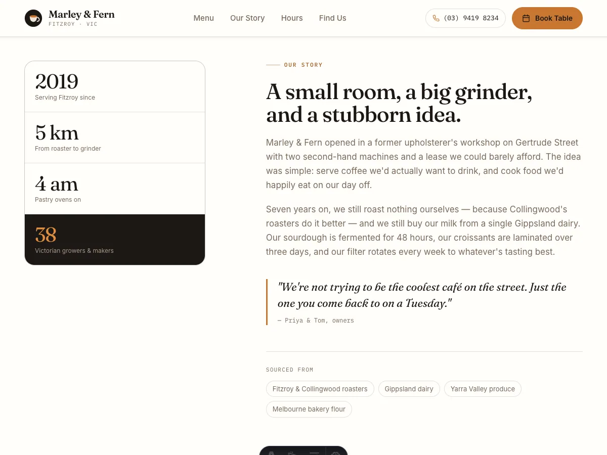 Marley & Fern about section with the editorial two-column layout