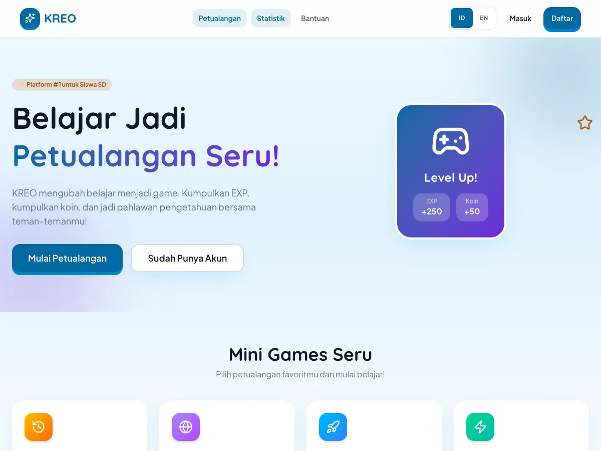 KREO landing hero: “Belajar Jadi Petualangan Seru!” with the start button