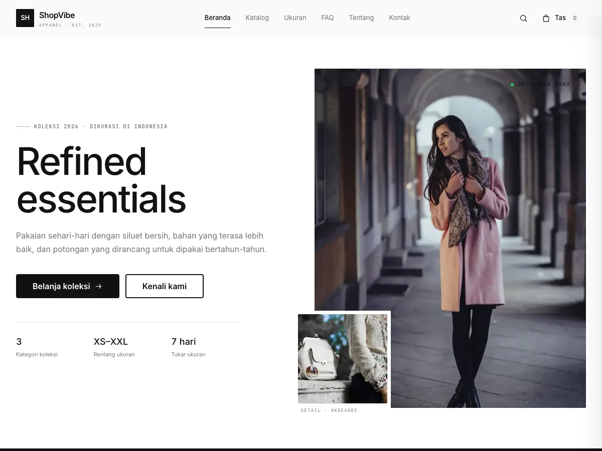 ShopVibe storefront hero: “Refined essentials” over the SS26 collection framing