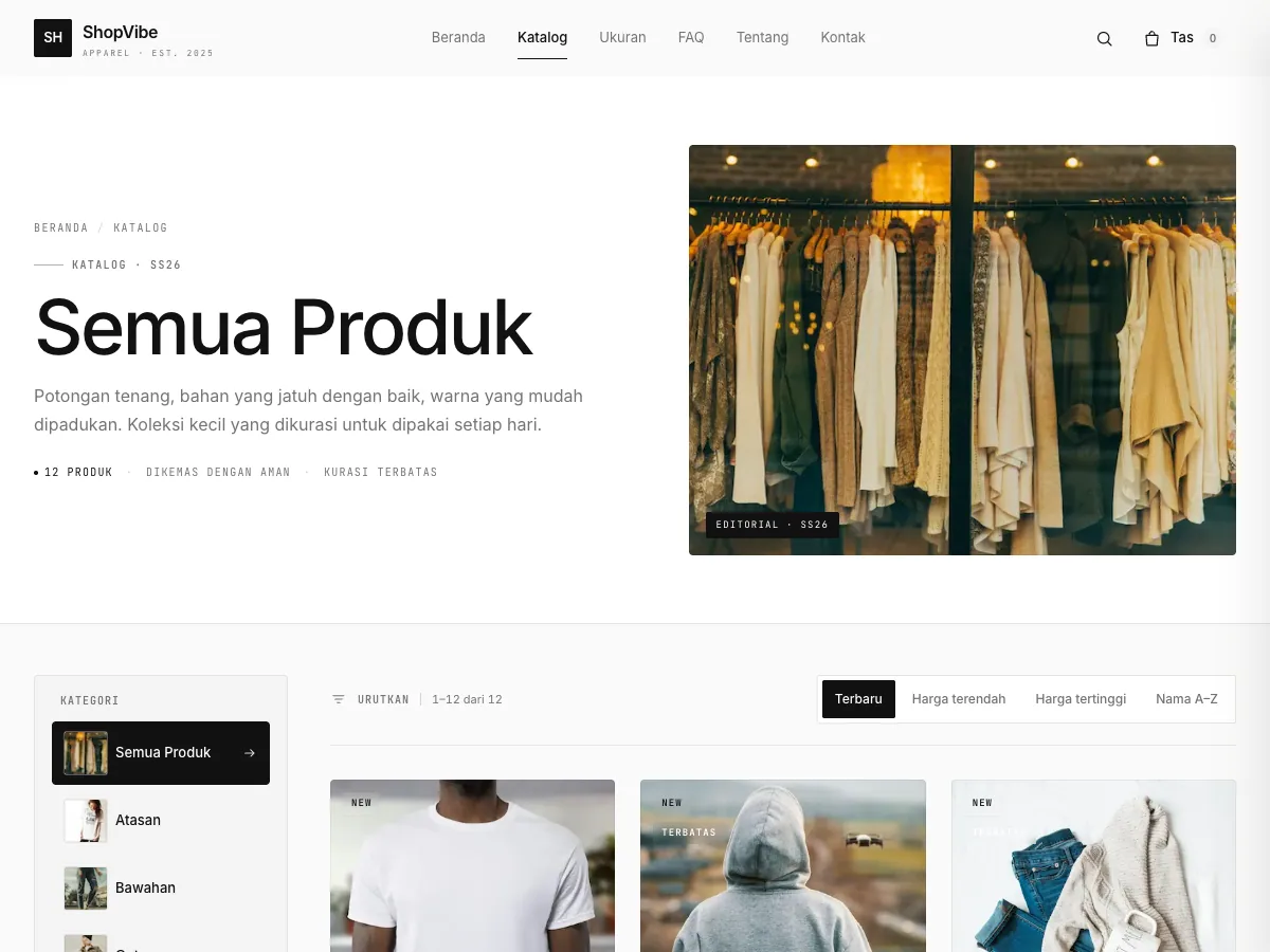 ShopVibe catalogue with category filters and product cards showing price and stock