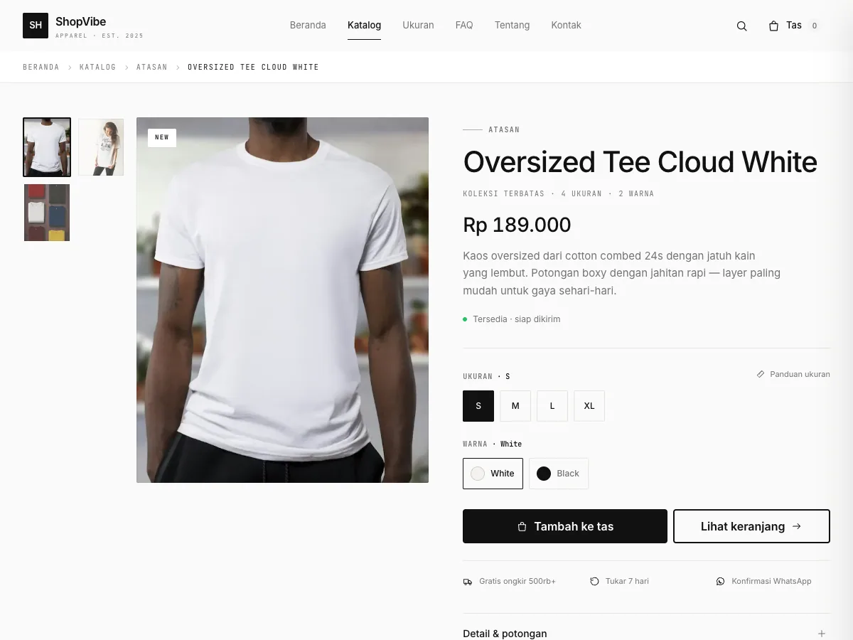 ShopVibe product page with size picker, colour swatches and add-to-cart