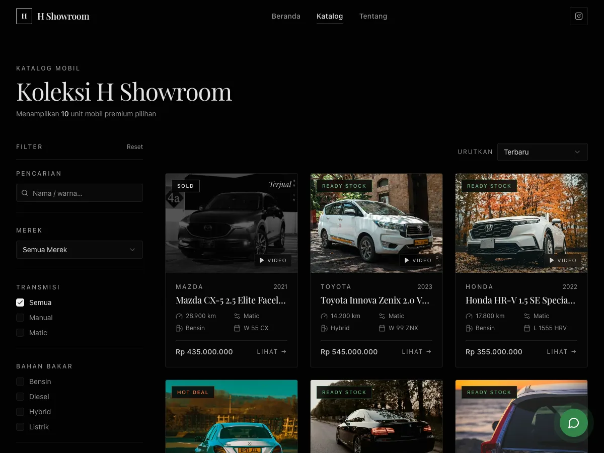 H Showroom catalogue with brand, transmission and fuel filters above ten cars