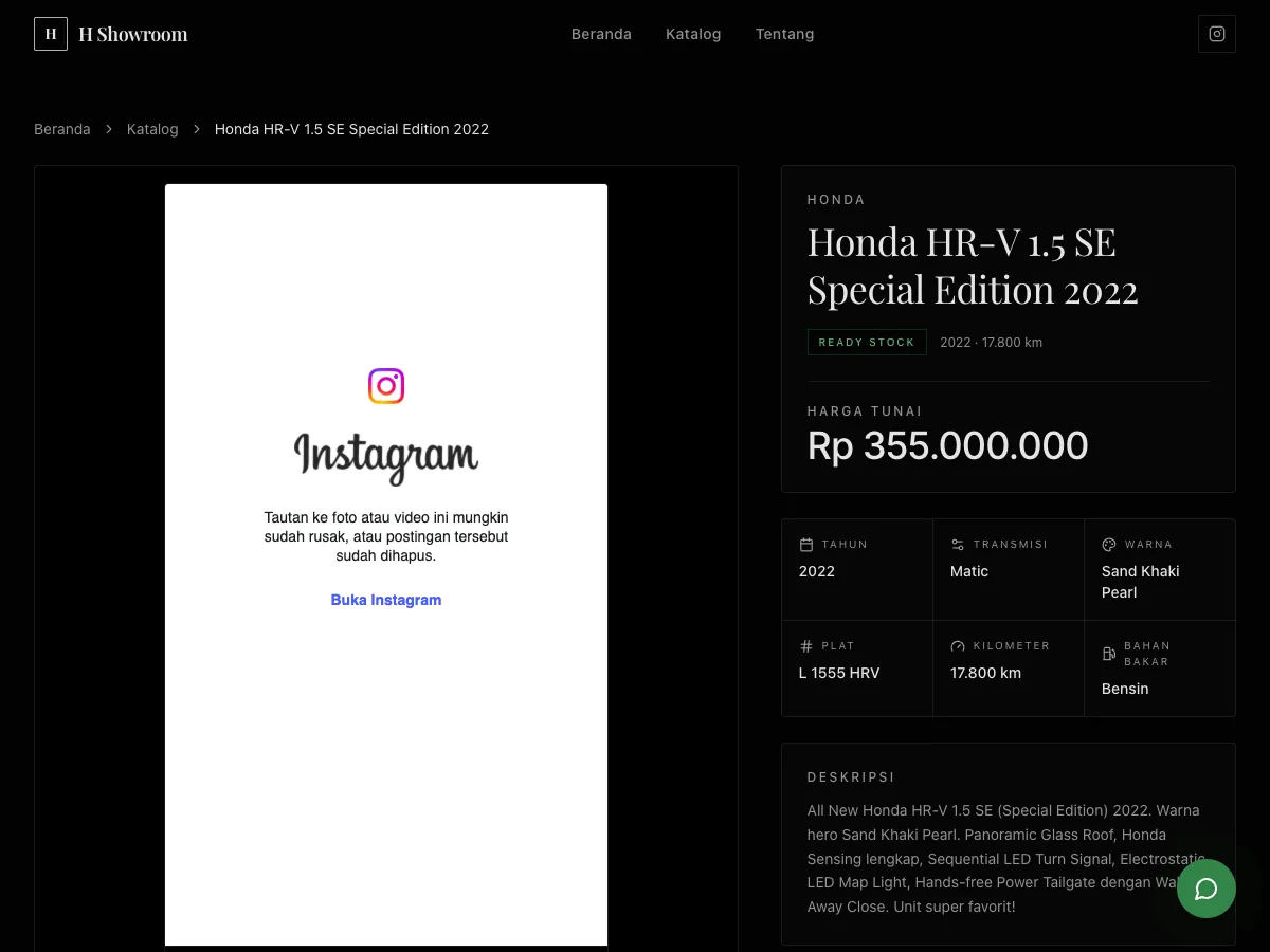 H Showroom car detail page with photo gallery, price and full specification list
