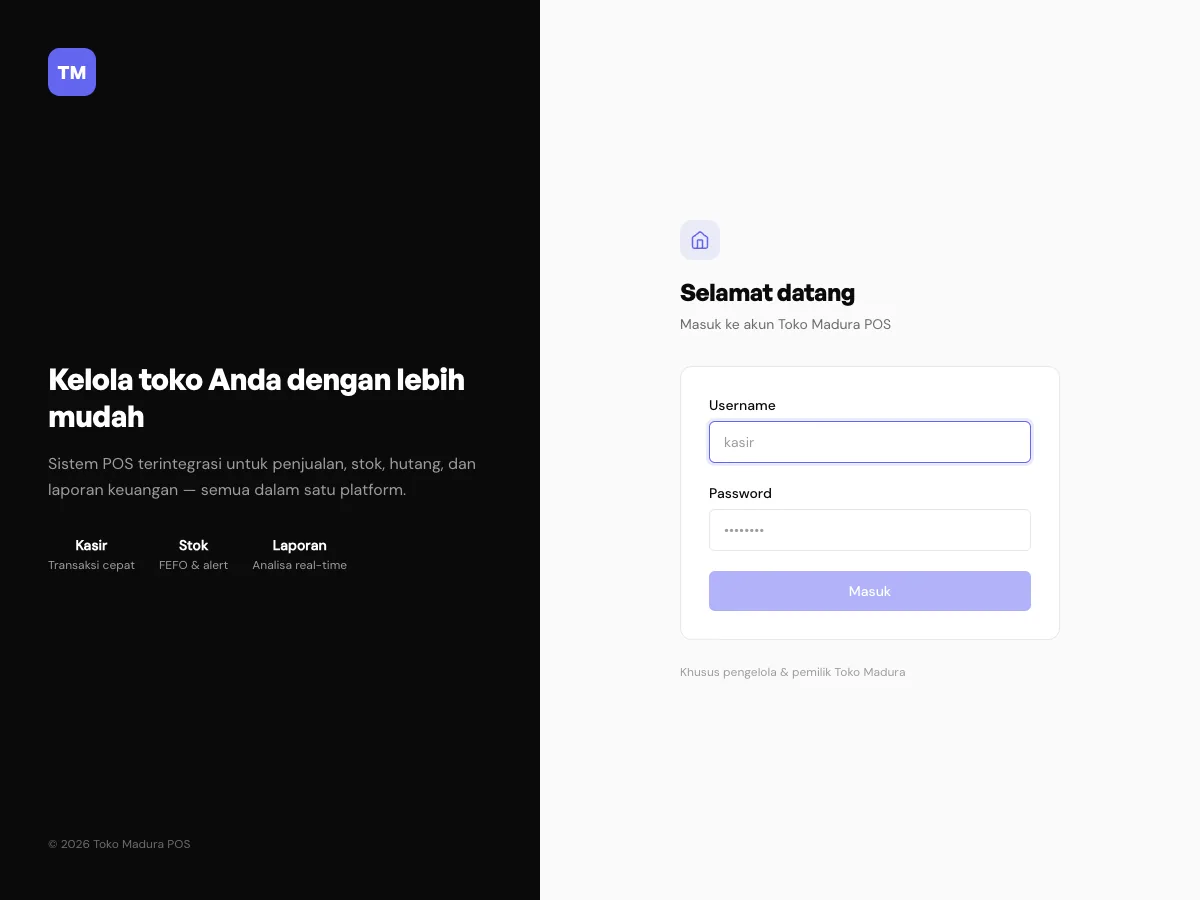 Toko Madura POS sign-in screen, split layout with the product summary on the left